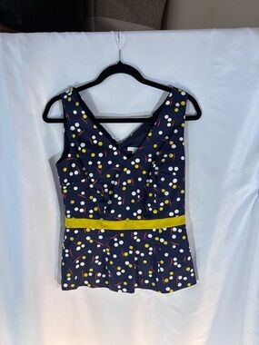 Boden Navy Polka Dot Tank Top with Yellow Waistband